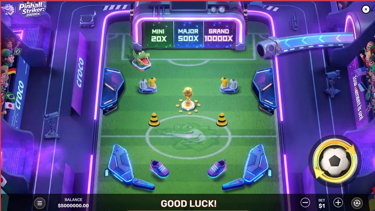 Pinball Striker 20,000x স্লট গেমের নিয়ন স্টেডিয়াম থিম এবং পিনবল মেকানিক্সের দৃশ্য